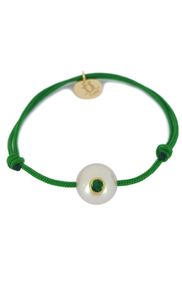 Bracelet bébé et enfant original avec perle d'akoya incrustée d'une émeraude - JDL Paris - Bijou made in France