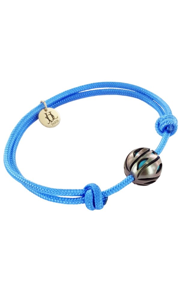 Bracelet homme JDL Paris Série limitée - perle de Tahiti avec turquoise sur cordon bleu