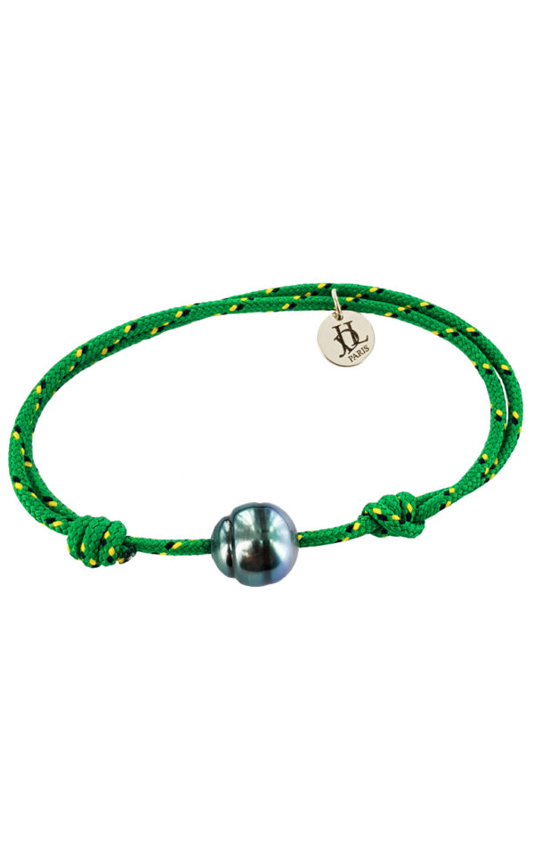 Bracelet homme perle de Tahiti cerclée sur cordon vert