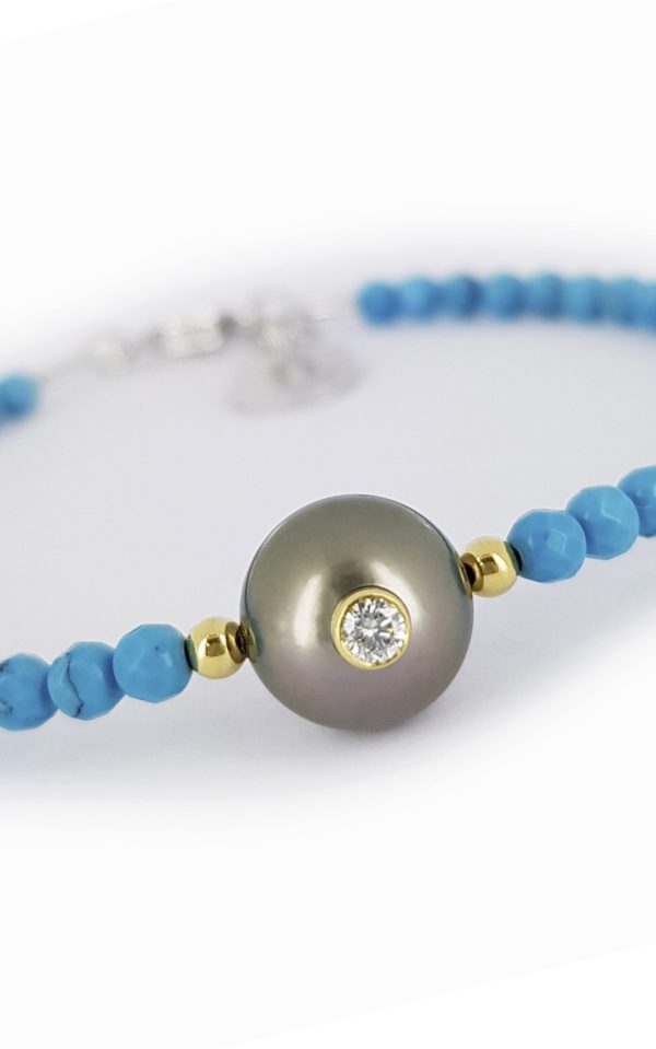 Bijou turquoise, diamant et perle de Tahiti - bijou de créateur