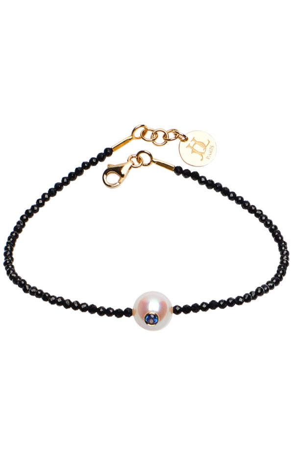 Bracelet Shining Monoï - perle de culture d'Akoya incrustée d'un saphir bleu avec spinelle noir brillant - JDL Paris