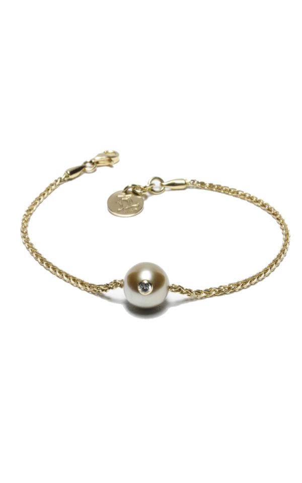 Bracelet or, perle de tahiti et diamant JDL Paris - Maille palmier diamantée en or