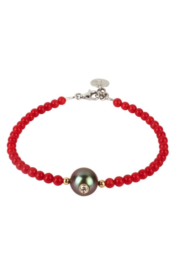Bracelet rouge, perle de Tahiti et diamant incrusté - JDL Paris by Jessie Lemaire