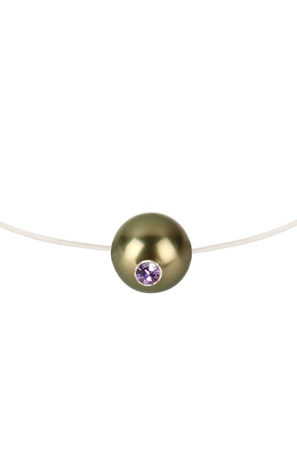 collier perle de tahiti, fil transparent, saphir rose, or 18K - Simply Monoï