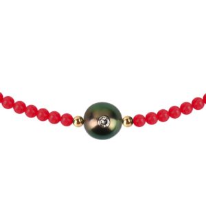 Collier Little pretty Monoï rouge - perle de Tahiti avec diamant et bambou de mer, alternative du corail