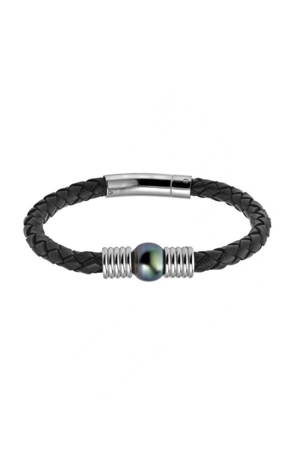 HEAVY   Bracelet masculin perle de Tahiti, cuir et acier