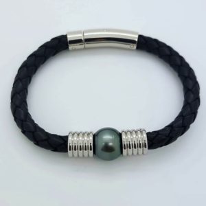 HEAVY   Bracelet masculin perle de Tahiti, cuir et acier