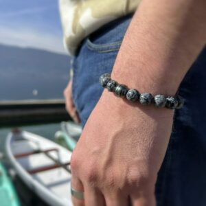 Bracelet homme pierres noires tachetées et perle de Tahiti